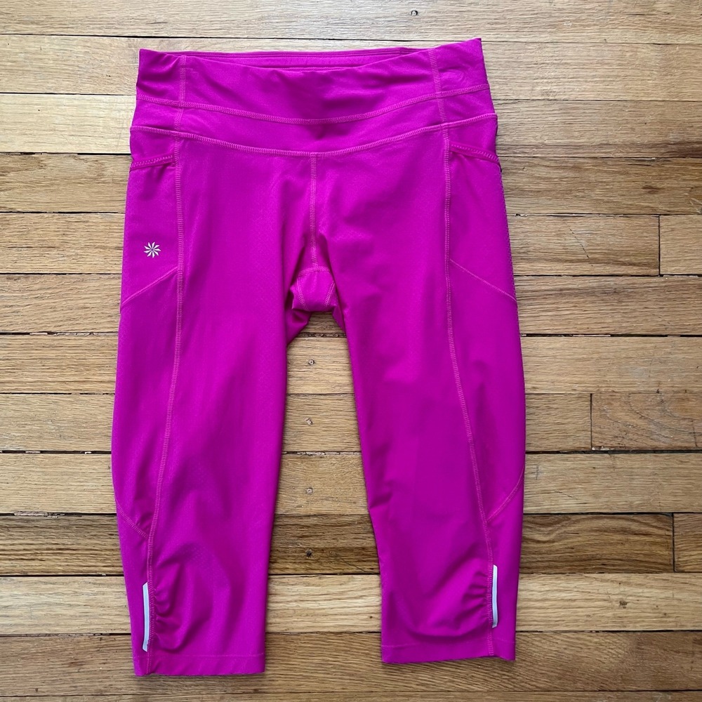 Athleta Dobby Be Free Athletic Crop Capri Leggings Pockets Size XS Hot Pink EUC‎